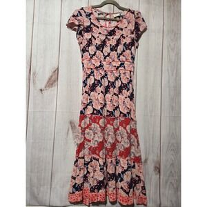 Knox Rose Floral Tiered Smocked Midi Dress Navy Pink Red Boho Flutter Sleeve M